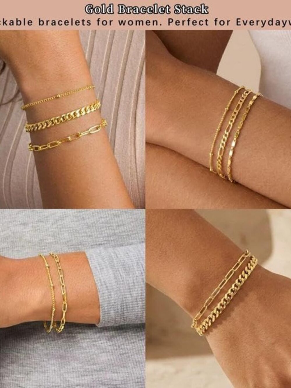 Gold Bracelets Set for Women Non Tarnish Trendy,14K Gold Plated Dainty Stackable - Picture 7 of 10